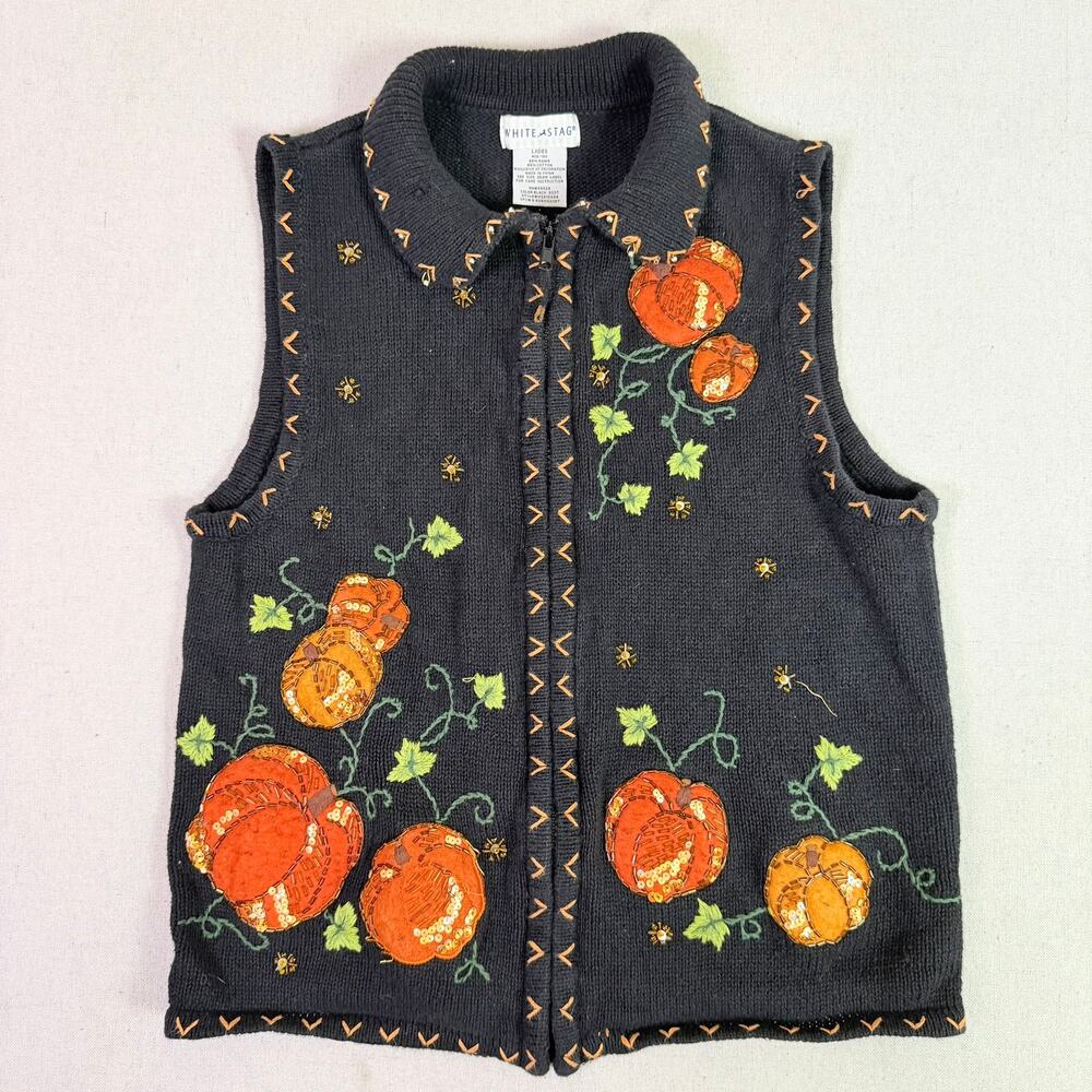 Vintage 90s Halloween Pumpkin Embroidered Beaded Sweater Vest Womens M Zip Front - Picture 5 of 14